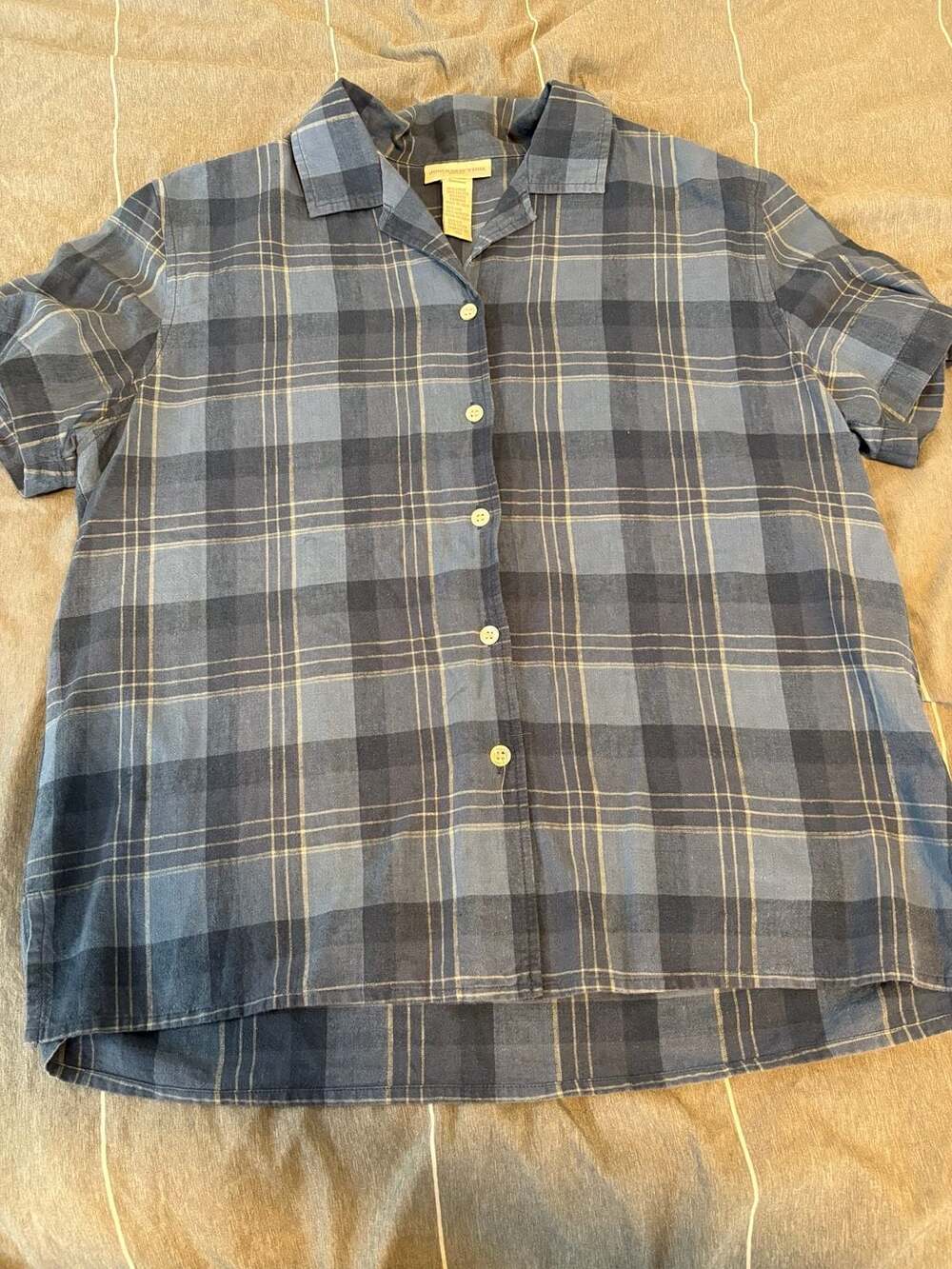 Jones New York Sport Plaid Camp Shirt Size M Blue Linen Blend Short Sleeve